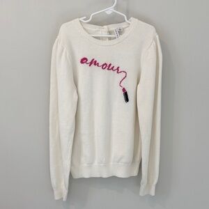 Janie and Jack Girls Amour Embroidered Cream Sweater with Lipstick Detail